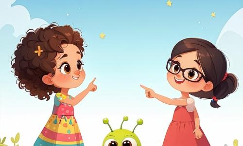 Clara, una niña de 12 años con cabello castaño y rizado, lleva un vestido colorido y mira con asombro a un pequeño extraterrestre verde llamado Zog, que tiene grandes ojos redondos y antenas. A su lado, Sofía, una niña de 12 años con gafas y cabello rubio, señala el cielo, mientras Valentina, una niña de 12 años con cabello lacio y negro, sonríe sosteniendo un pequeño Flufferbop, una criatura peluda y colorida. Lucía, una niña de 12 años con cabello castaño atado en una coleta, observa la escena con curiosidad. Están en un claro, rodeados de grandes árboles y flores brillantes, donde la luz del sol filtra a través del follaje, creando patrones luminosos en el suelo. En el centro, una pequeña nave espacial metálica brilla, añadiendo un toque futurista a este paisaje encantador. La escena principal muestra a Clara y sus amigas celebrando su encuentro con Zog en un ambiente alegre y colorido, mientras bailan y ríen juntas, rodeadas de luces centelleantes y la magia de una amistad intergaláctica.