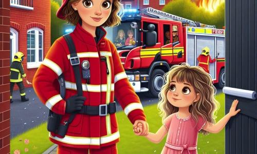 Eine Feuerwehrfrau, Anna, steht im Mittelpunkt des Bildes, mit kurzen, lockigen Haaren, in einer leuchtend roten Uniform und einem Feuerwehrhelm. Sie hat einen entschlossenen und beruhigenden Ausdruck und hält die Hand eines etwa 6-jährigen Mädchens, Emma, die große braune Augen hat und eine blonde Strähne, die ihr auf die Stirn fällt. Emma trägt ein pinkes Kleid und schaut Anna bewundernd an, während sie neben einer halb offenen schwarzen Holztür steht, aus der ein leichter Rauchschwaden entweicht. Die Szene spielt in einem Wohngebäude aus roten Ziegeln mit weiß gerahmten Fenstern, umgeben von Grün. Im Hintergrund sieht man ein leuchtend rotes Feuerwehrfahrzeug mit blinkenden Lichtern und Feuerwehrleuten, die beschäftigt sind. Die Hauptsituation zeigt Anna, die Emma sicher aus dem Gebäude führt, während Flammen hinter ihnen tanzen, was einen dramatischen Kontrast zu der Hoffnung und dem Mut bildet, die aus ihrer Flucht strahlen.