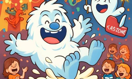 Un grande Yeti bianco e peloso, con grandi occhi rotondi e un naso blu, scivola su una grande torta alla crema, con un ampio sorriso divertito. Accanto a lui, un piccolo fantasma di nome Gastone, con un cappello da clown e una campanula scintillante, galleggia nell'aria ridendo e tenendo un cartello a forma di cuore. Lo sfondo è un circo colorato, con un grande tendone a strisce rosse e gialle, luci scintillanti e coriandoli nell'aria. Nel retro, creature fantastiche come draghi acrobatici e sirene applaudono, mentre bambini di 8-10 anni siedono su panchine di caramelle, ridendo e divertendosi. La scena mostra lo Yeti che cade felicemente nella torta, schizzando crema ovunque, mentre Gastone ride, aggiungendo un tocco di magia e gioia a questo momento esilarante.