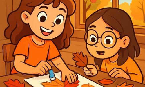 Una niña de 12 años, Lucía, con cabello castaño ondulado y ojos llenos de curiosidad, está sentada en una mesa de madera rústica, rodeada de hojas de otoño de colores vivos: rojas, naranjas y amarillas. Sonríe ampliamente, llena de entusiasmo, mientras pega hojas en un gran papel blanco, creando una obra de arte inspirada en la magia del otoño. Junto a ella, su prima Sofía, también de 12 años, con cabello castaño y gafas redondas, observa atentamente, sosteniendo una hoja en la mano, lista para agregarla a la creación. El lugar es una casa acogedora, con paredes de madera y grandes ventanas que dejan entrar la luz dorada del sol de otoño. Afuera, se ve un jardín lleno de manzanos con frutos rojos y hojas que caen suavemente al suelo. La escena principal muestra a Lucía y Sofía en plena creación artística, rodeadas de tesoros de otoño, compartiendo risas e ideas, mientras la atmósfera está llena de calidez y alegría, capturando el espíritu de la temporada.