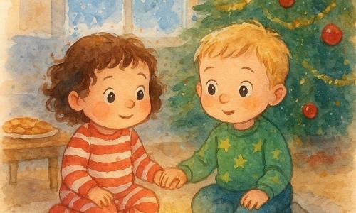 Ci sono due bambini: Lina, circa 2 anni, capelli corti e ricci castani, guance rotonde e rosse, in pigiama a righe rosse e bianche, seduta a sinistra davanti all'albero di Natale tenendo la mano del ragazzo e guardando una piccola lucina dorata che rotola verso di loro; Teo, circa 2 anni, capelli biondi sottili e occhi grandi, con un maglione verde a stelle, seduto a destra vicino a Lina con un piccolo sorriso sorpreso; interno di un salotto accogliente con pavimento in legno chiaro, tappeto crema, grande albero decorato con palline rosse e ghirlande dorate, finestra ghiacciata con neve visibile e un piatto di biscotti su un tavolino a sinistra; una piccola lucina dorata lascia una scia scintillante sul pavimento tra Lina e Teo in un'atmosfera calda, colori acquerello tenui e schizzi di pittura per un effetto magico.