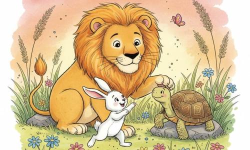 A large lion named Leo, expressive and gentle, wears a calm smile and kind round eyes; his golden mane is full and wavy, and he crouches tenderly, extending a delicate paw toward a friend. A small white bunny named Ruby, with long floppy ears and fluffy fur, is joyful and mid-hop just in front of the lion, front paws raised and playful. An old tortoise named Tilly with a rough, geometric-patterned shell watches from a nearby rock, still and smiling like a comforting grandmother. The scene is a sunlit meadow at dusk with tall swaying grass, colorful wildflowers (blue, pink, yellow) and a few butterflies; the sky is orange-pink and the light is soft. The main action shows the three friends playing peacefully at sunset: the lion gentle, the bunny leaping happily, the tortoise observing fondly; centered composition, clear silhouettes, clean lines and saturated yet soft colors in a simple colored-ink style suitable for toddlers.