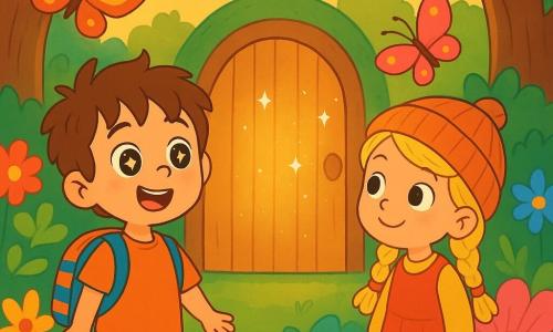 Un ragazzo di 4 anni, Leo, con occhi brillanti come stelle e capelli castani arruffati, si trova davanti a una piccola porta scintillante in un giardino fiorito. Indossa uno zainetto a righe colorate e mostra un sorriso meravigliato, con le braccia leggermente aperte come se fosse pronto a esplorare. Accanto a lui, una bambina di 4 anni, Lina, con capelli biondi intrecciati e un bel cappello di lana, guarda Leo con un sorriso amichevole. È circondata da fiori giganti dai colori vivaci, piegandosi leggermente per ammirare i petali. Il luogo è un giardino magico, pieno di fiori multicolori, grandi alberi dai tronchi contorti e una luce dorata che filtra tra le foglie, creando un'atmosfera da favola. La scena principale mostra Leo e Lina davanti alla porta misteriosa, pronti a entrare in un mondo di magia e avventure, con farfalle giganti che volano attorno a loro, aggiungendo un tocco di sogno a questa scena incantata.