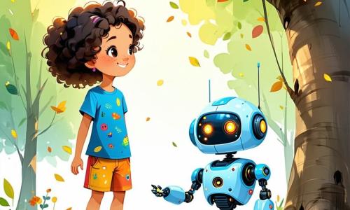 Ein 10-jähriges Mädchen, Lila, mit lockigem, glänzendem Haar trägt ein blaues T-Shirt mit kleinen Robotern und eine bunte Shorts. Sie lächelt groß und zeigt ihre Neugier und Begeisterung, während sie einen Baum mit wechselnden Blättern im Park beobachtet. Neben ihr tanzt ein freundlicher Roboter namens Zappy, der einen runden Körper und leuchtende Augen hat, fröhlich und verleiht der Szene einen Hauch von Magie. Im Hintergrund schauen andere Kinder unterschiedlicher Herkunft mit Staunen zu, einige machen Notizen auf futuristischen Tablets. Der Ort ist die „Grüne Zone“, ein futuristischer Park mit großen Bäumen mit silbernen Stämmen, bunten Blumen und glitzernden Glaswegen. Schwebende Hängergärten und mechanische Vögel umkreisen die Kinder. Die Hauptsituation zeigt Lila und ihre Freunde, die die Schönheit der Natur und Technologie entdecken, während sie vor dem spektakulären Baum mit bunten Blättern stehen, einem Symbol für Nachhaltigkeit in ihrer futuristischen Stadt.
