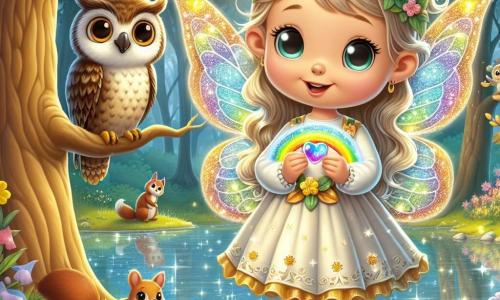 A little fairy named Lily, with sparkling wings that shine like lanterns, stands at the edge of a shimmering pond. She has a joyful face, her eyes sparkling with curiosity, and she delicately holds a rainbow gem in her hands, illuminating her face with a soft, colorful light. Next to her, a wise owl named Oliver, with big round eyes and brown feathers, is perched on a tree branch. He looks at Lily with a kind smile, his wings slightly spread, ready to accompany her on her adventure. In the background, a small squirrel named Sammy, with red fur and bright eyes, stands on his hind legs, enthusiastically observing the scene. He is sitting on a stone near the pond, ready to share advice with his friends. The setting is a beautiful enchanted pond, surrounded by trees with golden leaves that softly sing, and colorful flowers that dance in the breeze. Sunlight filters through the branches, creating sparkling reflections on the water. The main scene shows Lily, amazed, discovering the rainbow gem on a lily pad, while Oliver and Sammy encourage her with smiles, creating an atmosphere of magic and friendship.