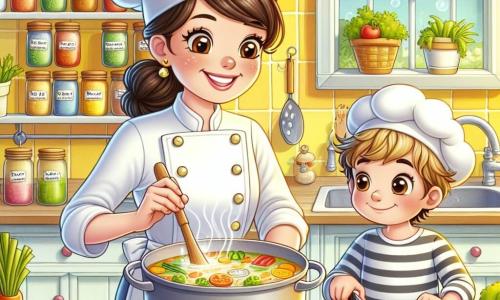 Chef Maria, o femeie zâmbitoare de aproximativ treize ani, poartă un șorț alb frumos și o pălărie de bucătar. Părul ei brun este prins într-un coc îngrijit. Ea amestecă o oală mare de supă colorată, cu legume proaspete care plutesc la suprafață, iar fața ei radiază de bucurie și concentrare. Lângă ea se află Matei, un băiat de 7 ani, cu părul blond zbârlit și ochi strălucitori de curiozitate. El ține un cuțit mic de bucătărie, tăind cu atenție legumele pe o placă de tăiat, observând cu atenție instrucțiunile Chef Maria. Scena se desfășoară într-o bucătărie luminoasă și primitoare, cu pereți vopsiți în galben pastel și rafturi pline cu borcane colorate de condimente. O fereastră mare lasă să intre lumina soarelui, iluminând încăperea și creând o atmosferă caldă. Situația principală arată cum Chef Maria și Matei pregătesc un prânz special pentru ziua de naștere a lui Matei, înconjurați de ingrediente proaspete și colorate, cu o atmosferă veselă și creativă în care magia gătitului prinde viață.