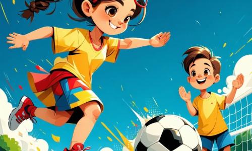 María, niña de unos 8 años, sonriente y concentrada, pelo castaño trenzado, gafas de sol en la cabeza, ropa colorida y zapatillas rojas, pateando un balón de fútbol rojo y blanco hacia la portería, postura dinámica, pierna levantada, pelo al viento; Ana, amiga de unos 8 años, alegre, pelo rubio en coleta, a la derecha a unos metros aplaudiendo; niño de unos 7 años, caído pero sonriente, rodilla raspada, sentado en la hierba a la izquierda mientras un amigo le ayuda con el brazo en el hombro; lugar: pequeño campo de fútbol de césped verde, portería blanca al fondo, cielo azul con nubes y sol alto; ambiente: María marca un gol, niños ríen y aplauden, ambiente luminoso y alegre, colores vivos, trazos sencillos y redondeados, estilo ilustrativo años 90, composición clara y legible para niños pequeños.