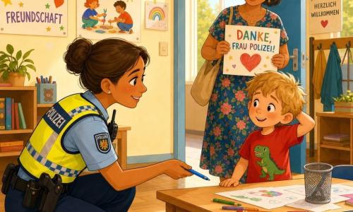 A smiling, attentive female police officer in her thirties, tanned, brown hair in a bun, light blue uniform with a yellow reflective vest and a radio on her shoulder, crouches to pick up a blue pen found under a desk and returns it to a boy; a tousled blond 7-year-old in a red dinosaur T-shirt stands by the desk looking relieved and shy; Ms. Patel, about 40, gray hair in a low bun and a floral dress, holds a small poster and smiles gratefully near the community center entrance; the bright after-school room has cream walls with activity posters, a light wood table scattered with crayons and papers, an empty pencil cup, parquet floor and a window with soft afternoon light; main action: the officer returning the pen in a peaceful, respectful gesture, warm reassuring atmosphere, centered composition on gazes and the outstretched hand, vivid contrasting colors, clean lines and rounded shapes suitable for a children's book
