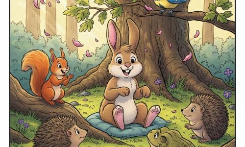 A small brown rabbit named Rowan, soft and fluffy with large pink ears, beams with a wide smile as he sits on a green moss cushion and tells a story, gently gesturing with his paws; a sky-blue tit named Miss Mistletoe with a yellow chest perches on a low branch above him, leaning in attentively; a red squirrel called Sable with a bushy tail sits on a root to the left, clapping; a round prickly hedgehog, a hazelnut-colored shrew and an old olive-green toad form a smiling semicircle around the rabbit; the scene takes place in Dewberry Wood, a mossy clearing dotted with blueberries and small purple flowers, knotted roots and a broad old oak with golden sunlight filtering through the leaves; pink petals swirl in the warm, friendly atmosphere as the animals gather to listen.
