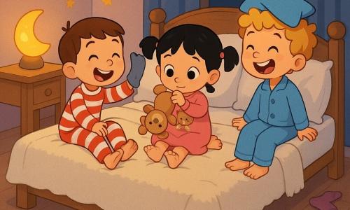 Three children, about five years old: Max, a short brown-haired boy in red-and-white striped pajamas wearing a sock on his right hand, sitting left on the bed laughing and showing his "sock-hand"; Lila, a black-haired girl in pigtails wearing a pink dress with a teddy print, seated center holding a beige teddy upside down and looking at it; and Sam, a blonde curly-haired boy in light blue pajamas with a small blue pillow worn like a hat, seated right laughing at Max and Lila; they are in a cozy bedroom with a large white bed and cream fluffy blanket, pastel lavender walls with painted stars, a moon nightlight on the left bedside table, a beige faux-fur round rug at the foot of the bed and scattered clothes and socks, in a warm, dimly lit, playful bedtime scene with exaggerated gestures, big happy eyes, an upside-down teddy and silly sock-wearing.