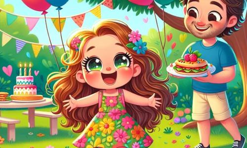 Una bambina di 4 anni, di nome Sofia, con grandi occhi brillanti e capelli ricci castani, sorride entusiasta mentre tiene un piccolo piatto di panini colorati. Indossa un vestito a fiori luminosi che danza attorno a lei mentre si trova in un giardino soleggiato. Accanto a lei, suo padre, un uomo di circa trent'anni con una leggera barba e un sorriso caloroso, sta gonfiando palloncini colorati. Indossa una maglietta blu e pantaloni corti beige, e sembra divertito dagli sforzi di sua figlia. Il giardino è pieno di fiori vivaci, con un grande albero al centro, decorato con palloncini fluttuanti e festoni di carta. Il terreno è coperto da una tovaglia a quadretti rossi e bianchi, su cui riposa una bella torta con una candela. Sofia grida "Sorpresa!" con gioia, mentre sua madre, una donna di circa trent'anni con lunghi capelli castani e un sorriso radioso, entra nel giardino, con gli occhi spalancati per la sorpresa e la felicità. È un momento magico di celebrazione della festa della mamma, pieno d'amore e risate.