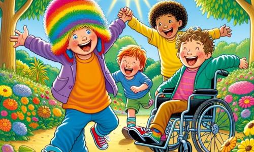 Four happy friends stand in a sunny park. Timmy, an 8-year-old boy with a large colorful plush hat, smiles as he runs. Next to him, Benny, a 7-year-old boy wearing shiny red shoes, jumps joyfully. Johnny, a 6-year-old boy with curly hair and a contagious laugh, is laughing out loud. Finally, Sam, a 9-year-old boy in a stylish wheelchair, smiles widely while watching them. The park is lush with vibrant trees and a clear blue sky. In the center, a large puddle sparkles in the sun, surrounded by colorful flowers. The four friends are about to jump over the puddle, ready to splash water and laugh together, showcasing their joy and friendship.