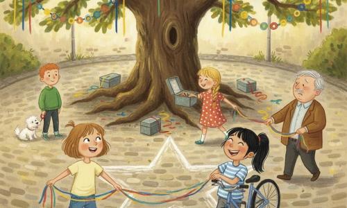 Six characters: Mina, a 9-year-old with light brown bob and a rebellious lock in a pale yellow T-shirt and denim shorts holding a colorful ribbon and smiling slightly left foreground; Jess, 9, black ponytail in a blue-and-white striped T-shirt making a joyful face while holding her bike just right of Mina; an ~8-year-old redheaded boy with a green sweatshirt holding the leash of a small fluffy white dog, Pip, left background; Tessa, ~10, blond braided hair in a polka-dot dress offering an open metal box near center background; Mr. Dalloway, ~60, round figure with gray hair and a brown jacket holding a ribbon and forcing a smile at right. Setting: a paved cul-de-sac around a large oak with visible roots and wide branches, paper-circle garlands (yellow, blue, green, red) hanging from the branches, a white chalk star on the ground, scattered metal boxes and colorful ribbons. Scene: children and some adults form a joyful circle holding multicolored ribbons, slowly walking around the chalk star with happy, focused expressions in a sunny afternoon with soft leaf shadows; vivid gouache palette and visible brush textures.