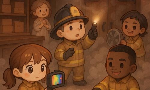 The protagonist is a 16-year-old girl with chestnut pigtails, a round face and bright wide eyes, calmly concentrating as she points a rectangular thermal camera showing colorful hotspots at a smoky wooden door; the captain, a calm authoritative ~45-year-old firefighter in helmet and jacket, stands by the entrance shining a torch upward; Jo, a ~28-year-old short-haired driver, operates a portable fan at the rear; Malik, a ~30-year-old muscular man with a reassuring smile, steadies a flexible fire hose near the floor; the owner, a ~50-year-old woman in pajamas with flour on her cheek and hands clasped, stands outside on the sidewalk relieved and watching the team; the setting is an old indoor bakery with wooden shelves of boxes, flour-dusted floor glittering under emergency lights, swollen heavy wooden doors, low gray smoke rising to the ceiling and a small dark wooden counter; the main scene shows the team coordinated and controlled—thermal camera highlighting a hot spot on the door, low serpentine smoke, lamps and hose at the ready—using warm reds and oranges for danger and soft pastel tones for chibi-style characters.