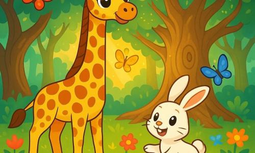 A majestic giraffe named Gemma, with a golden coat speckled with brown spots, stands in the center of an enchanted clearing, her large eyes shining with excitement and curiosity. Beside her, a small rabbit named Benny, with long ears and sparkling eyes, joyfully hops, his snow-white fur contrasting with the vibrant colors of the forest. The location is a magical clearing, surrounded by giant trees with gnarled trunks and shimmering leaves, where multicolored flowers dance in the gentle breeze. At the center, a large ancient tree, with extended branches and shiny bark, emanates an aura of wisdom and mystery. The main scene shows Gemma and Benny, in awe, discovering the magic of the forest, with colorful butterflies fluttering around them, while a soft golden light filters through the leaves, creating a fairy-tale and joyful atmosphere.