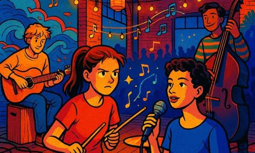 The protagonist is a focused, brave teenage/young adult female with a bright face, furrowed brows, brown hair in a ponytail, bare hands holding light wooden drumsticks, seated behind a small varnished wood-and-metal drum kit playing a gentle groove with a fluid wrist motion; singer Lila is a serene, confident young woman with fair skin and short curly hair, holding a silver mic center stage, singing softly and looking at the drummer, slightly forward and to the drummer’s right; guitarist Theo is a smiling young man with tousled blond hair, seated on a wooden crate with an acoustic guitar, picking a delicate arpeggio to the drummer’s left; bassist Jae is a warm, attentive young man with olive skin wearing a striped sweater, standing in the background right with a large black bass, marking the beat with his foot; the venue is a renovated riverside warehouse with painted brick murals of waves and fish, high metal ceilings with exposed beams, hanging paper star garlands, a worn wooden floor, and black cables and amplifiers around the stage; the scene shows the band performing at dusk with yellow-orange lantern-like lights, stylized musical notes floating in the air, the arpeggio depicted as a line of small lights, the drummer gently entering with a soft snare that turns a small mistake into an artistic accent, a blurred applauding crowd in the background, and a warm, magical atmosphere.