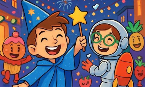 An 8-year-old boy, Max, with messy brown hair and sparkling joyful eyes, wears a bright blue wizard cape and a shiny hat. He smiles widely, holding a star-shaped magic wand, while dancing in the midst of a festive crowd. Next to him, an 8-year-old girl, Luna, with bright green glasses and a sparkling astronaut outfit, laughs while holding a rocket-shaped backpack. She is slightly behind, ready to toss marshmallows into the air. The setting is a lively street in Jingleberry, illuminated by colorful string lights and filled with characters in whimsical costumes, like dancing cupcakes and fruits. Fireworks burst in the night sky, creating a magical and joyful atmosphere. The main scene shows Max and Luna making wishes at midnight, surrounded by colorful confetti falling like snowflakes, while fantastic creatures dance around them, adding a touch of magic to this New Year's celebration.
