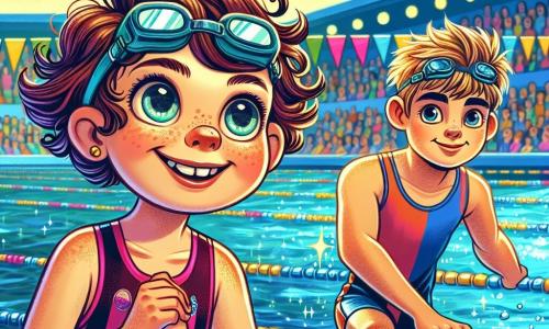 Una niña de 12 años, Valeria, con cabello castaño y rizado, lleva un bañador rosa brillante y gafas de natación en la frente. Sonríe con emoción y determinación mientras se prepara para zambullirse en una piscina brillante. A su lado, Hugo, un chico de 12 años, alto y delgado, con cabello rubio despeinado, la observa con concentración, sosteniendo una tabla de natación bajo el brazo. Lleva un bañador azul y parece listo para animarla. La escena ocurre en un polideportivo animado, con espectadores entusiastas alrededor de la piscina y banderines de colores flotando sobre el agua. La superficie de la piscina brilla bajo el sol, creando reflejos deslumbrantes y suaves olas. Valeria y Hugo están a punto de comenzar una carrera de natación, listos para zambullirse juntos, simbolizando el espíritu de equipo y la amistad que los une.