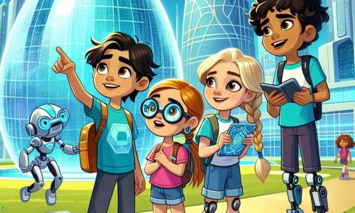 Nel parco futuristico della città di Lumina, quattro amici sono stupiti dal loro ambiente. Marco, un ragazzo di 12 anni con capelli castani e una maglietta blu, indica un edificio scintillante a forma di goccia d'acqua. Anna, una ragazza di 11 anni con occhiali rotondi e capelli biondi intrecciati, usa i suoi occhiali high-tech per analizzare un robot che si avvicina. Luca, un ragazzo di 12 anni con capelli neri e occhi brillanti, prende appunti sul suo blocco digitale, sorridendo. Infine, Sofia, una ragazza di 12 anni con una gamba bionica e capelli rossi, è pronta a partire sul suo scooter fluttuante, con le braccia incrociate e uno sguardo determinato. Il parco è un'ampia distesa di verde, con fiori luminosi e alberi dai tronchi argentati, mentre lampioni futuristici si accendono dolcemente. Gli amici scoprono un piccolo robot chiamato EcoBot, progettato per pulire la città, e si preparano ad aiutarlo a muoversi in questo mondo tecnologico divertendosi insieme.