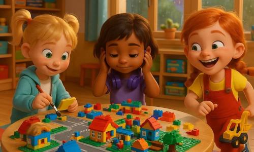 Drei Kinder: Mila, 5, blond mit Zöpfen, grüne Augen, hellblaue Jacke, links an einem Spieltisch stehend und ein gelbes Schild bemalend; Juna, 5, kurz braun, getönte Haut, violette Kopfhörer um den Hals, sitzt in der Mitte vor einer Legostapelnd und baut ruhig; Rike, 5, rothaarig geflochten, Farbflecken an den Fingern, rote Latzhose, läuft rechts fröhlich mit einer kleinen Baufahrzeugschaufel. Ort: warme, bunte Klassenzimmer mit hellem Holzboden, niedrigen Regalen voller Spielboxen und großen Fenstern mit sichtbarem Regen. Szene: Die drei bauen gemeinsam auf einem großen runden Tisch eine Lego-Stadt mit grauen Straßen, bunten Häuserdächern und einem kleinen grünen Park; kooperative, konzentrierte und lächelnde Stimmung, lebendige Farben und unterschiedliche Materialien erkennbar.