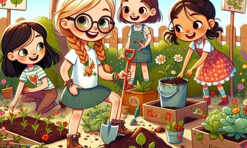 W słonecznym ogrodzie cztery dziewczynki są w pełni akcji. Zosia, 10-letnia dziewczynka z brązowymi włosami i okularami, uśmiecha się, trzymając małą łopatkę, gotowa do sadzenia kwiatów. Obok niej Kasia, inna 10-letnia dziewczynka z warkoczami, jest na kolanach, mieszając ziemię w kolorowym wiaderku. Dalej Lena, 9-letnia dziewczynka z rudymi włosami i piegami, pokazuje koleżankom, jak zrobić kompost, otoczona liśćmi i owocami. Na końcu Maja, 10-letnia dziewczynka z czarnymi włosami związanymi w koński ogon, macha ręcznie zrobioną flagą z napisem "Ekologiczny", aby zachęcić swoje przyjaciółki. Ogród jest wypełniony kolorowymi kwiatami, rosnącymi warzywami i małymi drewnianymi tabliczkami wskazującymi różne rośliny. Motyle latają wokół kwiatów, a duże drzewo zacienia miejsce, w którym pracują dziewczynki. Tworzą ekologiczny ogród w szkole, sadząc kwiaty i warzywa, bawiąc się razem, z uśmiechami i śmiechem, gotowe dzielić się swoją miłością do natury z rówieśnikami.