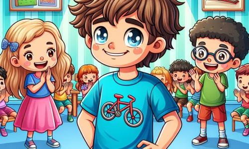 Un niño de 12 años, llamado Martín, se encuentra en el centro de la imagen, con una amplia sonrisa de orgullo. Tiene el cabello castaño ligeramente despeinado, ojos brillantes de alegría y lleva una camiseta azul brillante con un diseño de bicicleta. Sus manos están levantadas en señal de victoria, y está sobre un escenario de madera, rodeado de compañeros que lo aplauden. A su derecha, una niña de 11 años, Ana, con cabello largo y ondulado, lleva un vestido rosa y sonríe ampliamente, mostrando admiración. A su izquierda, un niño de 12 años, Diego, con gafas y una camiseta verde, levanta el pulgar en señal de ánimo. El fondo es un aula colorida, con carteles de libros y dibujos de niños en las paredes. Las sillas y mesas están dispuestas en semicírculo, y los rayos de luz entran por las ventanas, iluminando la escena. Martín, de pie en el escenario, lee su texto con pasión, mientras sus compañeros lo escuchan atentamente, creando una atmósfera de apoyo y entusiasmo.