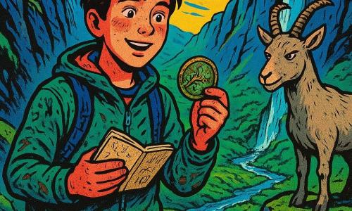 Un chico, Nico, de unos 15 años, pelo castaño despeinado y mejillas sonrojadas, con mirada maravillada y orgullosa, sostiene un medallón oxidado en una mano y un cuaderno garabateado en la otra; su chaqueta de excursión está empapada y tiene barro en los pantalones. A su derecha, en una roca cercana, hay una cabra montesa de pelaje gris-beige con mirada traviesa que parece aprobar su hallazgo. El lugar es un collado estrecho entre paredes rocosas con losas antiguas parcialmente cubiertas de musgo y cascadas plateadas que caen desde grietas, bajo un cielo de postormenta. Nico acaba de salir de un túnel subterráneo y contempla un amplio valle verde abajo con un arroyo brillante; junto a sus pies hay una pequeña placa de piedra con un símbolo de tres ondas y una luz suave de tarde ilumina su rostro húmedo.