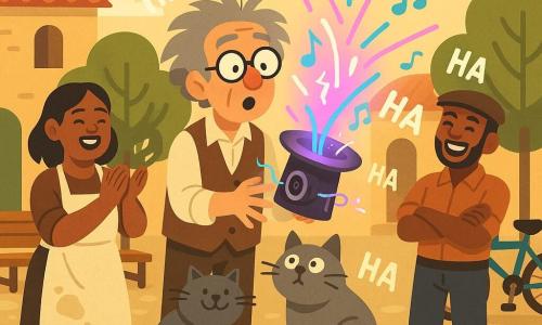 Inventor de unos 60 años, pelo canoso alborotado y gafas redondas, sostiene un sombrero de copa violeta luminoso con un altavoz y un cable intermitente mientras lo activa; Pepa, panadera de unos 40 años con delantal enharinado, a la izquierda aplaude y sonríe; Tito, dueño de bicicletas de unos 35 años con gorra, está a la derecha junto a una bici colorida riendo con los brazos cruzados; el gato Bigotes, gris y redondo, mira curioso desde el borde de la pequeña tarima de madera en una soleada plaza de pueblo con adoquines, bancos, árboles y banderolas; el sombrero emite luces neón rosas y azules y pequeñas notas musicales, burbujas de risa estilizadas llenan el ambiente festivo y algo caótico.