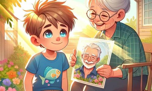 Um menino de 10 anos, com cabelos castanhos bagunçados e olhos brilhantes de curiosidade, está no centro da imagem, olhando uma foto do avô com uma mistura de tristeza e ternura. Ele usa uma camiseta azul com um desenho de peixe e um short bege, com as mãos apoiadas nos joelhos, sentado em uma cadeira de madeira. Ao lado dele, uma mulher idosa, sua avó, com cerca de 70 anos, cabelos grisalhos em coque e óculos redondos, sorri suavemente enquanto segura uma xícara de chá. Ela está sentada em outra cadeira, levemente inclinada para o menino, oferecendo conforto. O cenário é um jardim ensolarado, cheio de flores coloridas e vegetação exuberante, com uma casa antiga ao fundo. Raios de sol filtram pelas folhas das árvores, criando uma atmosfera acolhedora e tranquila. A cena principal mostra o menino e sua avó compartilhando um momento de lembrança, olhando juntos a foto do avô, simbolizando o amor e a memória que perduram apesar da perda.