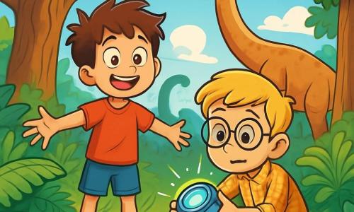 Ci sono 2 personaggi principali: - Luca: un ragazzo di 10 anni con capelli castani disordinati e occhi brillanti di curiosità. Indossa una maglietta rossa e pantaloni corti blu. È in piedi, con le braccia aperte, meravigliato dal paesaggio preistorico. - Samuele: un ragazzo di 10 anni con capelli biondi e occhiali rotondi. Indossa una camicia a quadri e pantaloni beige. È accovacciato, esaminando un misterioso dispositivo metallico che brilla tra le sue mani. La scena principale si svolge in una vasta foresta preistorica, piena di alberi giganteschi con tronchi nodosi e foglie lussureggianti. Fougères giganti crescono intorno a loro, mentre un cielo blu brillante è punteggiato di nuvole bianche e soffici. In lontananza, un enorme dinosauro erbivoro si trova pacificamente, brucando le foglie di un albero colossale. La situazione principale della storia mostra Luca e Samuele, meravigliati e un po' preoccupati, che scoprono un affascinante e colorato mondo preistorico, mentre si rendono conto di aver viaggiato nel tempo grazie a un misterioso dispositivo.