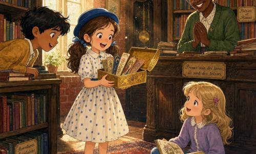 Una bambina di 8 anni, gioiosa e meravigliata, capelli castani ondulati in due codini, con un piccolo cappello blu e un vestito a pois, tiene tra le mani un cofanetto dorato aperto; una bibliotecaria di circa 60 anni, dal volto dolce, capelli grigi raccolti in uno chignon, occhiali tondi e cardigan verde, applaude sorridendo dietro il banco; due amici bambini (un ragazzo di 8 anni e una bambina di 7) la osservano stupiti, uno in piedi vicino a uno scaffale, l'altro seduto a terra a sfogliare un libro; ambientazione: vecchia biblioteca di mattoni rossi con scaffali in legno scuro pieni di libri e luce calda da grandi finestre; dettagli: polvere scintillante nei raggi di luce, tappeto persiano rosso, etichette scritte a mano sugli scaffali, un vecchio orologio a pendolo fermo sullo sfondo; situazione principale: la bambina scopre nella sala delle fiabe un tesoro — un cofanetto dorato pieno di antichi segnalibri decorati — nascosto in un grande libro, con espressione di meraviglia mentre gli altri la guardano ammirati.