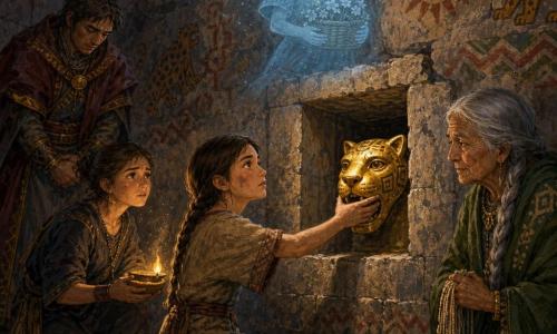 Killa, about 14, round dusty face, large attentive eyes, emotional and determined, kneels and gently places a golden jaguar-head ornament into a stone niche; behind her to the left Mayu, also about 14 with tied hair and a worried but brave look, holds a small oil lamp casting warm, flickering shadows; to the rear right Sumaq, an older woman of roughly 60 with wrinkled skin and a long silver braid, stands holding a pale quipu with faintly shimmering cords; in the background left Lord Amaru, an adult man around 40 in rich clothes, stands withdrawn and contrite; above the niche floats Chaska, the translucent blue-silver spirit of a girl about 12, hair drifting, smiling sadly while holding a small basket of flowers. The scene is an underground offering chamber with rough stone walls painted with faded suns, jaguars and zigzags, dust visible in lamp rays, stone debris and a central niche; the solemn moment of returning the stolen ornament contrasts warm lamp light with the spirit’s cold, translucent glow, textures are sharp (rough stone, polished gold, woven fabrics) and the composition centers on the niche and the act of restitution. Painted in acrylic with visible brushstrokes, a palette of ochres, golds, cool blues and greens, and clear readability for 12-year-olds.