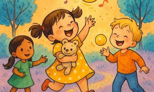 Niña de 4 años, feliz y maravillada, cabello castaño corto en coletas, vestido amarillo con lunares blancos, abraza su osito de peluche beige y salta para atrapar una bola de luz que rebota; niño de unos 5 años, rubio, pantalón azul, a su derecha, ríe y lanza otra bola luminosa; niña de unos 4 años de piel morena, coletas largas, vestido verde, detrás a la izquierda, extiende la mano invitando a jugar; el osito beige con ojos de botón sonríe apoyado en la pierna de la niña; paisaje de colores vivos: cielo naranja, árboles con hojas turquesa, hierba violeta pálido, senderos brillantes y piedras multicolores; los niños juegan con bolas de luz que emiten notas visibles como pequeñas ondas de color, atmósfera mágica y dinámica.