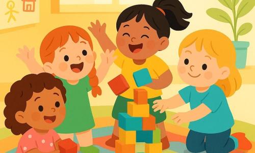 Ci sono 4 bambini: - Lalla: una bambina di 3 anni con capelli ricci castani, indossa un vestito rosa a pois bianchi, seduta a sinistra con un blocco da costruzione. - Fede: una bambina di 3 anni con capelli biondi lisci, vestita con una tunica blu, a destra, sorride maliziosamente tenendo un altro blocco. - Mimmi: una bambina di 3 anni con capelli rossi in trecce, indossa un vestito verde, al centro, alza le braccia con entusiasmo. - Nina: una bambina di 3 anni con capelli neri raccolti, indossa una maglietta gialla, dietro Mimmi, ride e fa un gesto divertente. Il luogo è un soggiorno luminoso, con un tappeto colorato e giocattoli sparsi ovunque. La principale situazione mostra le quattro sorelle mentre costruiscono una grande torre di blocchi colorati, ma la torre sta per cadere, creando una scena piena di risate ed eccitazione. I volti dei bambini esprimono gioia e divertimento, mentre un blocco sta cadendo, aggiungendo dinamismo all'illustrazione.