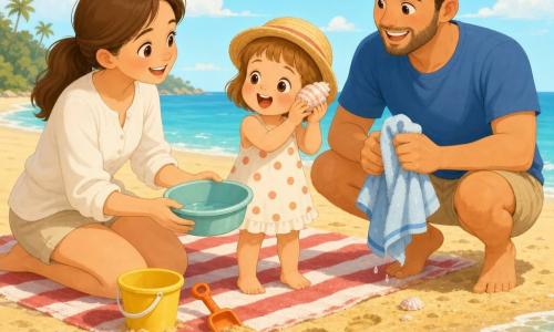 Bambina di 2 anni sorridente e meravigliata, capelli corti castano chiaro, viso rotondo e guance rosa, con piccolo cappello di paglia e vestitino a pois che tiene una conchiglia all'orecchio; madre circa 30 anni, gentile, capelli castani raccolti in coda, blusa leggera, seduta a sinistra sulla tovaglia da spiaggia e porge una piccola bacinella d'acqua; padre circa 32 anni, calmo e protettivo, barba leggera, t-shirt blu e pantaloncini beige, a destra accovacciato che asciuga un asciugamano bagnato sorridendo; spiaggia di sabbia dorata con asciugamano a righe rosse e bianche, secchiello giallo e paletta arancione accanto, lieve onda turchese che lambisce il bordo della tovaglia, conchiglie e poche impronte; scena luminosa e dai colori caldi, composizione centrata sulla bambina, sfondo mare calmo e cielo azzurro chiaro.