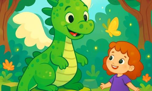 Un drago verde dalle squame scintillanti, con grandi ali morbide come nuvole, sorride gioiosamente. I suoi occhi brillanti sono pieni di curiosità e amicizia. Si trova al centro delle antiche rovine, circondato da pietre coperte di muschio. Accanto a lui, una bambina di 7 anni, con capelli ricci e un vestito viola, guarda il drago con meraviglia. Ha un sorriso radioso e sembra pronta a giocare. Una farfalla dorata, delicata e luminosa, vola intorno a loro, le sue ali scintillano al sole. Il decor è una foresta magica, con alberi alti dai tronchi nodosi e fiori colorati che danzano nel vento. Lucciole brillano nell'aria, creando un'atmosfera incantevole. La scena mostra il drago, la bambina e la farfalla che ridono ed esplorano insieme, condividendo un momento di gioia e amicizia in questo luogo incantevole.