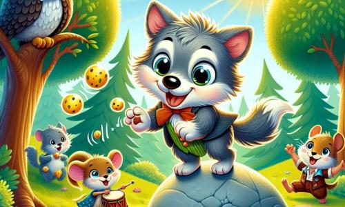 Un pequeño lobo de pelaje suave y gris, con grandes ojos brillantes y una expresión de determinación en su rostro, está sobre una gran piedra en el centro de un claro soleado, listo para hacer reír a sus amigos. Junto a él, una pequeña ratona de ojos chispeantes y sonrisa traviesa, que salta de alegría mientras sostiene un pequeño tambor, anima al lobo con entusiasmo. Un viejo búho sabio, posado en una rama, observa la escena con una mirada divertida, sus grandes gafas deslizándose por su nariz, listo para juzgar el espectáculo. El lugar es un claro verde rodeado de majestuosos árboles con hojas brillantes, donde flores de colores bailan al viento y la luz del sol filtra a través de las ramas, creando una atmósfera alegre y acogedora. La situación principal muestra al lobo preparando su número cómico, con plátanos en mano, listo para hacer malabares, mientras los otros animales, reunidos a su alrededor, esperan con impaciencia y risas, ansiosos por descubrir su talento para hacerlos reír.
