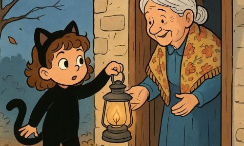O fetiță de 6 ani, pe nume Mara, cu păr șaten creț și ochi strălucitori, poartă un costum de pisică neagră cu urechi și coadă pufoase. Ea ține un felinar vechi din metal cu o flacără blândă în interior, afișând o expresie curioasă și hotărâtă. O bătrână, Tanti Miruna, de aproximativ 70 de ani, cu păr cărunt și purtând un șal cu flori, stă la ușa casei sale, zâmbindu-i cu căldură Marei. Ea întinde mâna pentru a primi felinarul. Scena se desfășoară în fața unei case de piatră cu o fereastră luminată de o lumină galbenă blândă. Frunzele de toamnă acoperă pământul, iar o briză ușoară face umbrele copacilor să danseze. Situația principală o arată pe Mara înapoind felinarul lui Tanti Miruna, creând un moment de conexiune și căldură sub lumina serii.
