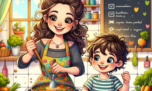 In a warm and colorful kitchen, a joyful woman named Bella is at the center of the image. She has long, curly brown hair tied in a messy bun and wears an apron splattered with multicolored sauces. Her face radiates happiness as she stirs a large pot of soup, surrounded by fresh, vibrant vegetables. Beside her, an eight-year-old boy named Max watches in wonder. He has messy hair and sparkling blue eyes. Max holds a small plastic knife and tries to cut carrots, a big smile on his face, full of excitement. The kitchen is filled with natural light, with open windows letting in the sweet scent of fresh herbs. The walls are painted pastel yellow, and shelves are lined with colorful jars filled with spices and ingredients. A chalkboard in the background displays recipes in colorful letters. The scene shows Bella and Max preparing a delicious soup together, filled with colorful vegetables, while bubbles of happiness float around them, symbolizing the joy of cooking and sharing a moment together.
