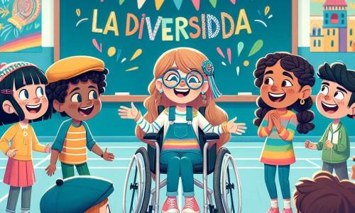 Clara, una niña de 12 años con cabello largo y castaño y gafas, sonríe alegremente en su silla de ruedas, rodeada de sus amigos. A su derecha, Leo, un niño de 11 años con cabello rizado y una gorra, cuenta una historia con gestos animados. A la izquierda, Marta, una niña de 11 años con cabello rubio y trenzas, ríe mientras sostiene un cartel colorido que dice 