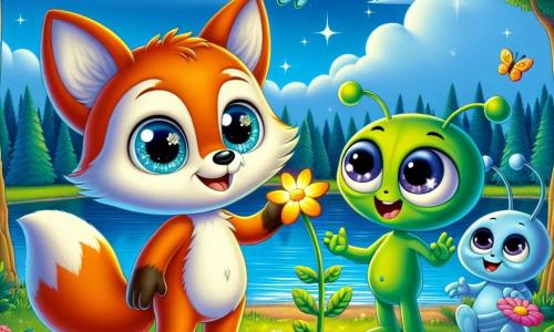 Un pequeño zorro llamado Rufi, con un pelaje naranja brillante y ojos llenos de curiosidad, se encuentra al borde de un lago resplandeciente, sonriendo con asombro. Está mostrando una flor brillante a sus amigos extraterrestres. Blip, un extraterrestre verde con cabeza redonda y grandes ojos expresivos, mira la flor con fascinación, levantando los brazos en señal de asombro. A su lado, Blop, un extraterrestre azul con antenas y una amplia sonrisa, ríe alegremente, con los brazos en alto, como si quisiera bailar. El escenario es un hermoso bosque encantado, donde los árboles brillan como estrellas y las flores de colores parecen cantar. El cielo es de un azul brillante, salpicado de nubes esponjosas, y mariposas multicolores vuelan a su alrededor. La escena principal muestra a Rufi y sus amigos extraterrestres compartiendo un momento de alegría, maravillados por la belleza de la naturaleza terrestre, simbolizando la amistad entre diferentes especies.