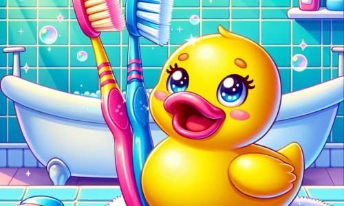 A bright yellow rubber duck named Sunny sits on a bathroom shelf, with a curious yet slightly sad expression, its shiny round eyes reflecting sunlight filtering through the window. Next to it, two colorful toothbrushes, one pink and the other blue, are joyfully dancing, their bright smiles and moving bristles showing their enthusiasm and friendship. The bathroom is bright and welcoming, with pastel blue tiled walls, a fluffy bath mat, and floating soap bubbles, creating a playful atmosphere. In the background, a sparkling white bathtub awaits aquatic adventures. Sunny, the duck, looks at the toothbrushes with a mix of joy and nostalgia, wondering how he can balance his two shelves while keeping his friends close.