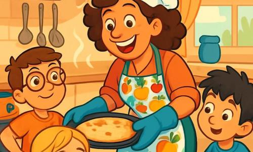 Chef Lila, a cheerful woman in her forties with curly brown hair and a big bright smile, is taking a golden flatbread out of the oven. She wears a colorful apron adorned with fruit patterns and looks enthusiastic, her eyes sparkling with excitement. Next to her, Sam, a 10-year-old boy with glasses and brown hair, watches the cooking in awe, hands on his hips. Ella, a 9-year-old girl with braided blonde hair, is leaning over the table, smelling a bouquet of fresh basil with a delighted smile. Max, an 8-year-old boy with messy black hair, stands near the cutting board, curiously holding a piece of cheese. The scene takes place in a warm and welcoming kitchen filled with colorful pots, shiny metal utensils, and rays of light filtering through a window, illuminating the fresh ingredients on the countertop. The main situation shows Chef Lila and the children preparing a delicious dish, surrounded by a joyful atmosphere where the tempting aroma of food fills the air, and everyone eagerly awaits to taste their culinary creation.