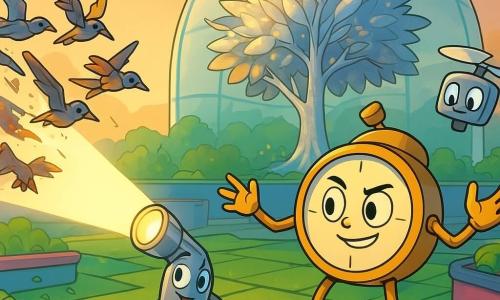 Tick, a shiny round clock-robot with thin golden arms and a focused smiling face, stands before a large silver tree waving his arms to protect it; Spark, a small silver flashlight with a brave expression, shines a warm cone of light from Tick’s left that dazzles metallic birds; Pip, a tiny square drone with propellers and curious LED eyes, hovers over bushes helping to drive the birds away; the silver-and-rust mechanical birds recoil under the light, wings and beaks articulated in metal; the scene takes place on a colorful rooftop garden with green tiles, moss, blue and pink vegetable beds and watering robots, centered on a glass dome housing the shimmering silver-and-gold Time Tree, a dynamic late-afternoon rescue scene with an optimistic, adventurous atmosphere.