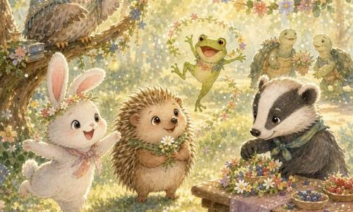 Arlo, piccolo riccio timido e rotondo dal pelo bruno e punte beige, in piedi al centro con un fiore tra le zampe e sguardo stupito; Luna, coniglietta bianca dalle grandi orecchie rosa, sorridente e saltellante a sinistra; Tito, giovane tasso a strisce nero e grigio, a destra che sistema fiori e bacche su un tavolo; Rana, rana verde lucida che salta ridendo dietro Arlo; un vecchio gufo grigio su un ramo sopra che narra una storia e alcune tartarughe sullo sfondo che avanzano lentamente e sorridono; radura primaverile illuminata da luce dorata, prato verde, ghirlande di fiori e lanterne di carta appese ai rami, piccole tovaglie colorate e ciotole di bacche su un tavolo basso; scena di piccola festa all'aperto, atmosfera calda e conviviale, animali di diverse forme che si aiutano e si divertono, colori pastello morbidi con contrasti luminosi.