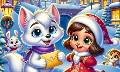 Wally, a small fluffy wolf with sparkling blue eyes, is joyfully smiling while holding a letter, surrounded by gently falling snowflakes. Next to him, Lily, a little girl with curly brown hair, wears a red dress with snowflake patterns. She has a big smile full of excitement and looks at Wally with admiration. In the background, Benny the rabbit, with his big ears and white fur, hops happily, while Clara the cat, with her striped fur and bright green eyes, rubs against Lily's leg, looking curious. The setting is a snowy village with snow-covered houses, twinkling lights in the windows, and a large illuminated Christmas tree in the center, creating a festive and warm atmosphere. The scene shows Wally and his friends preparing to deliver cookies to the villagers, filled with joy and Christmas spirit, ready to spread happiness around them.