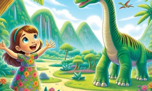 Uma menina de 10 anos, Clara, com longos cabelos castanhos e olhos brilhantes de curiosidade, está no centro da imagem, maravilhada, com os braços abertos, em frente a um grande dinossauro Brachiosaurus. Ela usa um vestido colorido com estampas de flores e sandálias, e sua expressão mostra um misto de surpresa e alegria. Ao lado dela, Brá, o Brachiosaurus, é um dinossauro majestoso com um longo pescoço e pele verde, inclinando-se suavemente em direção a Clara, como se a estivesse ouvindo atentamente. Ao fundo, uma paisagem pré-histórica vibrante se estende, com árvores gigantes de folhas exuberantes, montanhas distantes sob um céu azul brilhante e flores coloridas espalhadas pelo chão. A cena transmite uma atmosfera mágica e de aventura, enquanto Clara e Brá exploram juntos esse mundo fascinante, simbolizando a amizade entre a humanidade e a natureza.