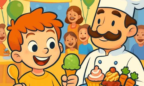 A 6-year-old boy, Benny, with bright red hair and a big joyful smile, stands in the center of the image, holding a golden spoon in one hand and a green pickle-flavored ice cream in the other, his eyes sparkling with excitement and curiosity. Next to him is a fun chef, a man in his 30s with a silly chef's hat and a curled mustache, smiling at Benny while holding a tray filled with colorful desserts. In the background, a large room in the Giggle Factory is decorated with multicolored balloons and tables loaded with strange and joyful dishes, such as spaghetti cupcakes and chocolate carrots. Benny, looking determined and amused, is about to taste the pickle-flavored ice cream, surrounded by laughing children and amused parents, all eager to see his reaction to this surprising flavor.