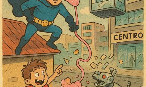 O Capitão Chiclete, um homem adulto de sorriso largo e olhar divertido, está num telhado de chapa com capa azul, máscara preta, cinto de gadgets e segura uma grande bola de chiclete rosa esticada como corda; abaixo, na calçada, um menino de ~8 anos de cabelo desgrenhado ri e aponta para o shopping; um cão-robô prateado corre junto a um banco, com LEDs vermelhos piscando e babando pequenos flyers pegajosos enquanto tenta pegar um cartaz voador; o novo elevador de vidro do shopping fica suspenso no ar, amassado mas brilhante, com silhuetas surpresas nas cabines; a rua está coberta por uma cascata de sorvete de baunilha rosa e branco que forma uma montanha pegajosa com cones e picolés espalhados e gotas brilhando ao sol; cena colorida e cômica, contraste forte, textura de papel e tinta como impressão de jornal, composição dinâmica em plongée, cores saturadas e expressões exageradas para tornar a cena legível e engraçada.