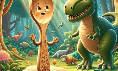 Al centro dell'immagine, un cucchiaio di legno chiamato Cocò, con un volto sorridente e occhi scintillanti, si trova in piedi su una grande pietra in una foresta preistorica, circondato da alberi giganti con foglie lussureggianti. Cocò, con la sua texture in legno e i dettagli incisi, esprime meraviglia e curiosità, sollevando le braccia come se fosse pronto a esplorare. Accanto a lui, Dino il T-Rex, un enorme dinosauro con pelle verde e squame lucenti, mostra un grande sorriso amichevole, piegandosi verso Cocò con interesse e gioia, mentre la sua ombra massiccia proietta una silhouette impressionante sul terreno. Sullo sfondo, la foresta è piena di felci giganti e fiori colorati, mentre dinosauri di diverse specie giocano e si muovono, aggiungendo vita alla scena. La luce del sole filtra tra le foglie, creando un'atmosfera magica e calorosa. Cocò e Dino discutono allegramente, con Cocò che racconta i suoi sogni d'avventura, mentre Dino ascolta attentamente, pronto a condividere le meraviglie del suo mondo preistorico.